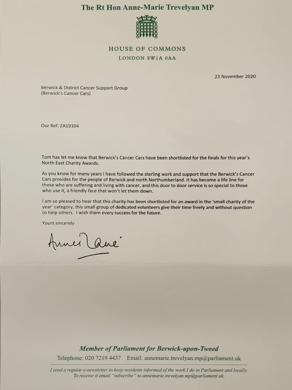 Letter of support from Anne-Marie Trevelyan MP for Berwick-upon-Tweed