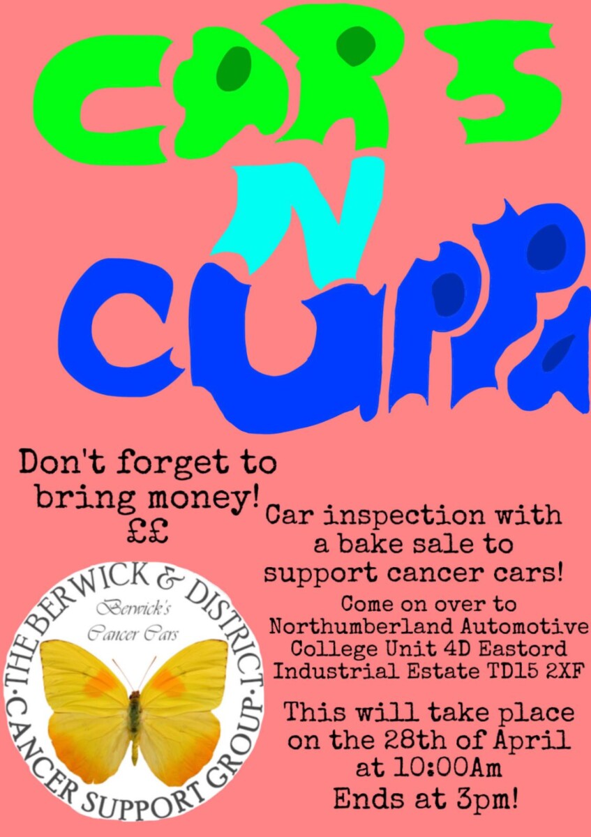 Cars n Cuppa Poster - Northumberland Automative College Fundraiser for Berwick Cancer Cars